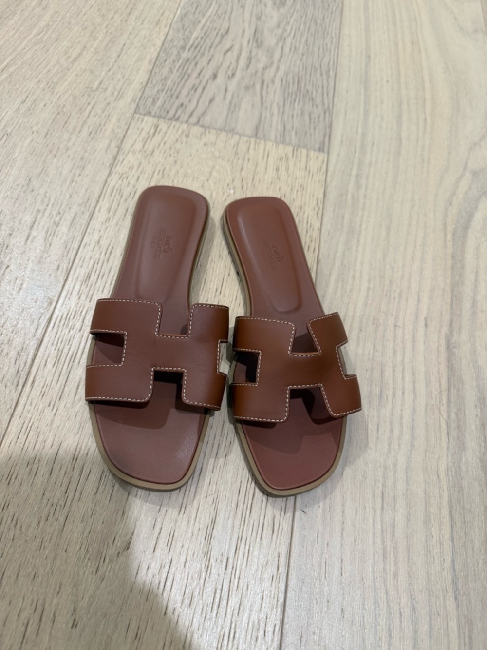 Hermes Brown Leather H-Cut Slide Sandals - Women